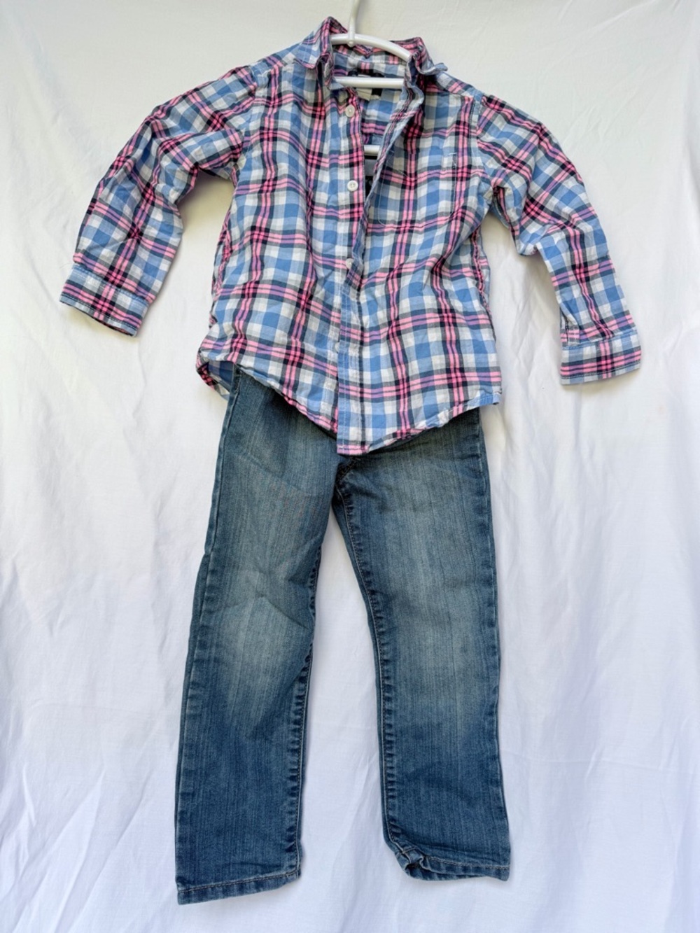 Place Kids Blue and Pink Plaid Shirt with Denim Jeans Set